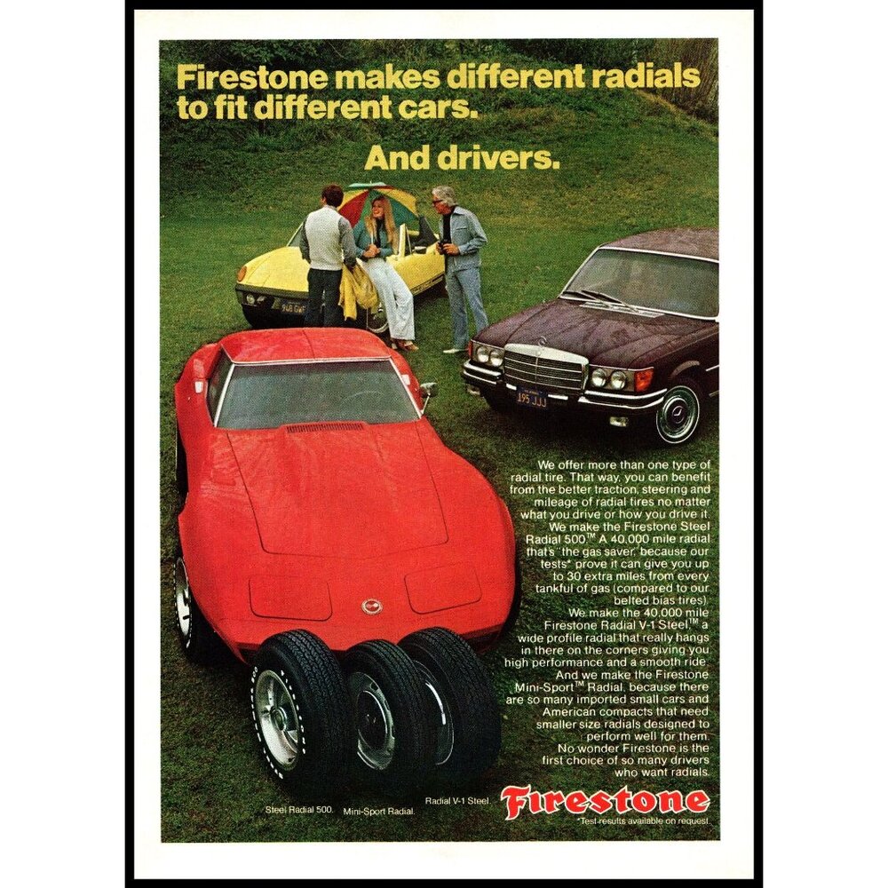 1974 Firestone Tires Vintage Print Ad Corvette Mercedes Benz Porsche Wall Art